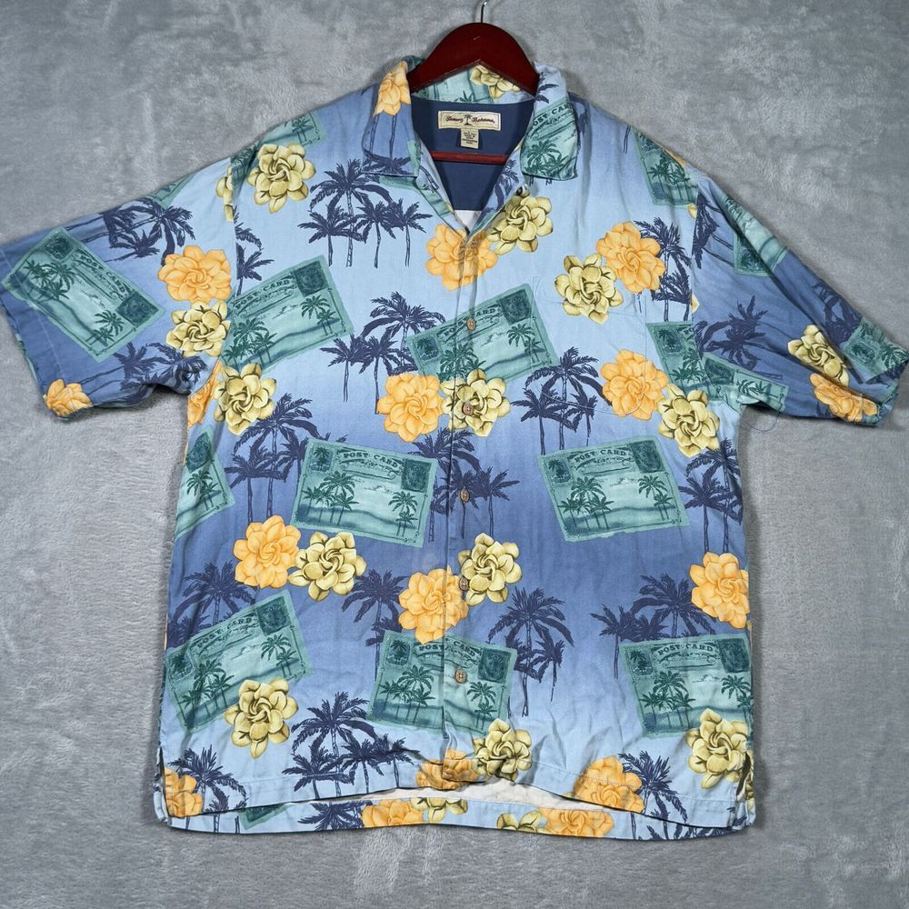 Tommy Bahama Shirt Mens L Blue Floral Hawaiian‎ Silk Postcard